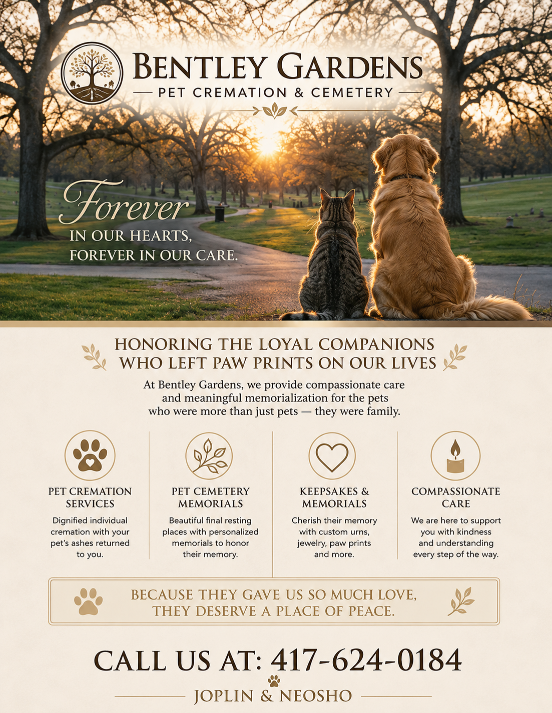 Bentley Gardens tribute artwork featuring a dog and cat at sunset, with the words Forever in our hearts, forever in our care and descriptions of cremation, cemetery memorials, keepsakes, and compassionate care